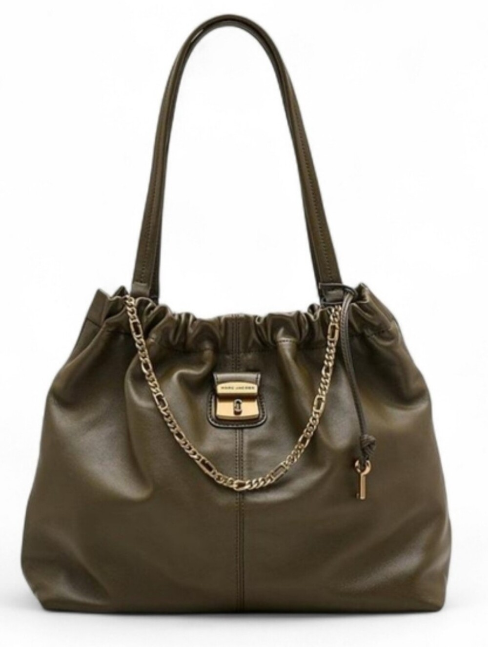 MARC JACOBS Olive Green Leather Shoulder Tote with Chain Detail